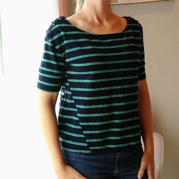 Pilcro Tops - Pilcro Navy and Green Striped Short Sleeve Top small